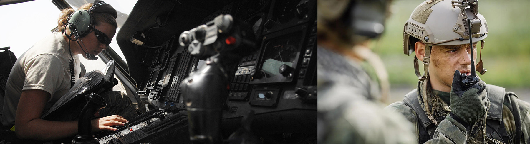 Side-by-side images showing a pilot inspecting a complex array of control panels and a soldier operating a radio’s rotary switches.