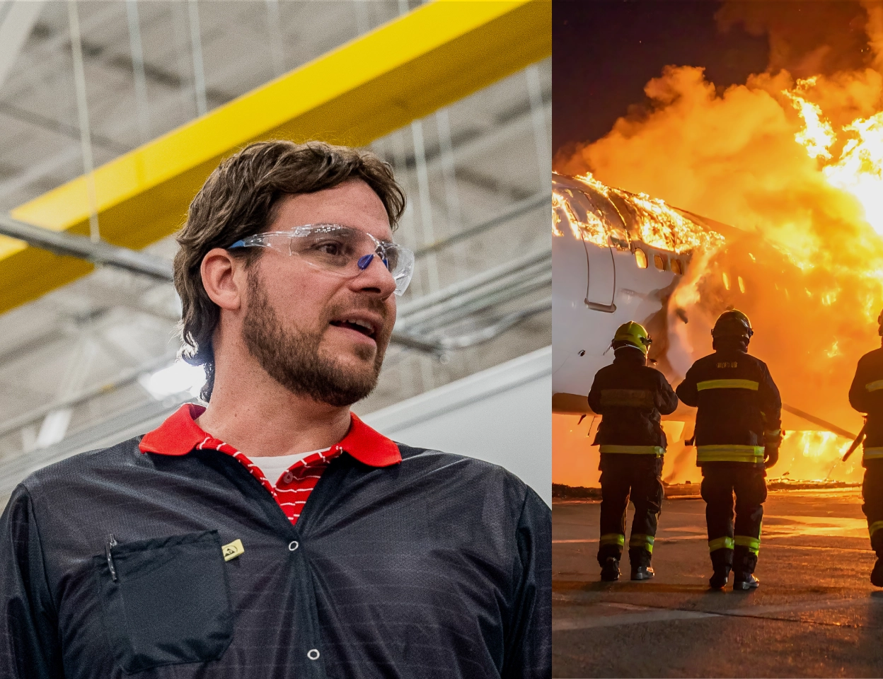Manufacturing Engineering Leader wearing safety goggles and split screen view of firefighters responding to a fire