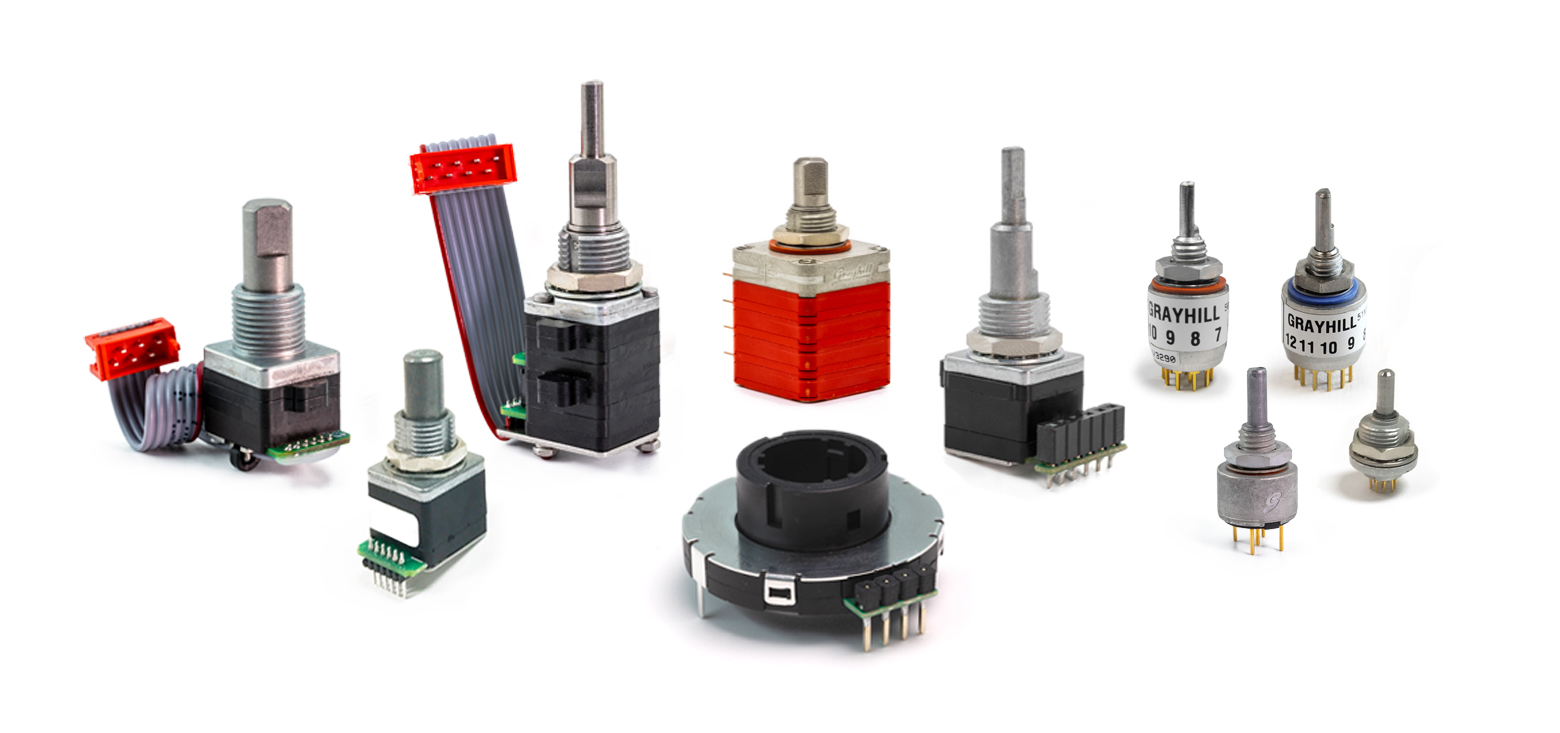 Grayhill's full line of rotational controls, including encoders, potentiometers, and switches.