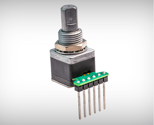Grayhill 62A-D-V series encoder with a knurled shaft, threaded bushing, and right-angle connector pins, shown against a white background.
